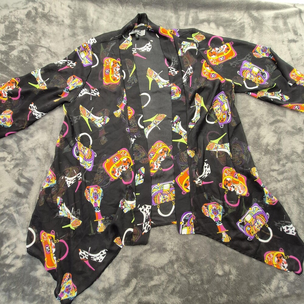Slinky Brand Kimono Cardigan Womens Large Black Sheer Purse Heel Print USA